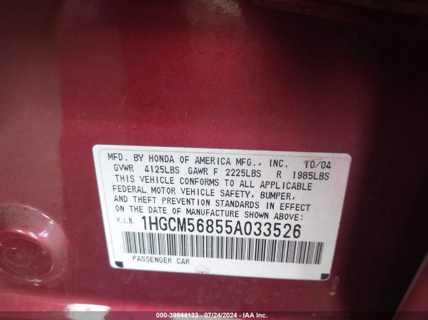 2005 Honda Accord Sdn Ex VIN: 1HGCM56855A033526 Lot: 39944133
