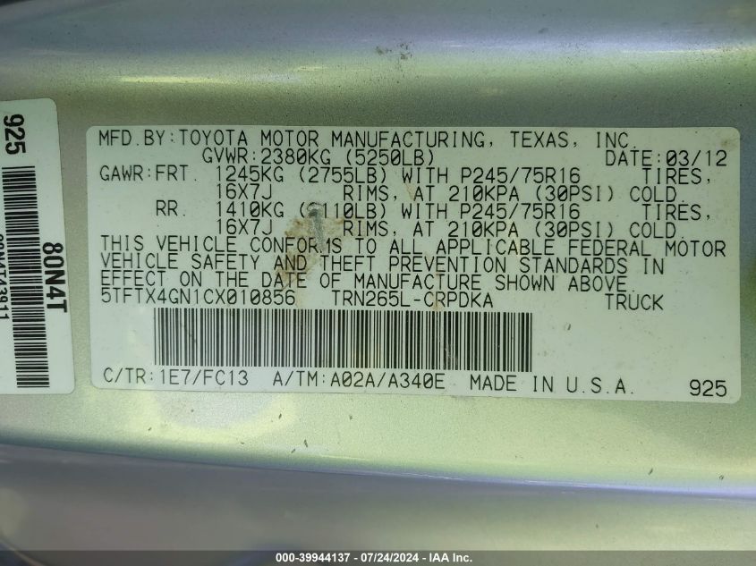 2012 Toyota Tacoma Prerunner VIN: 5TFTX4GN1CX010856 Lot: 39944137