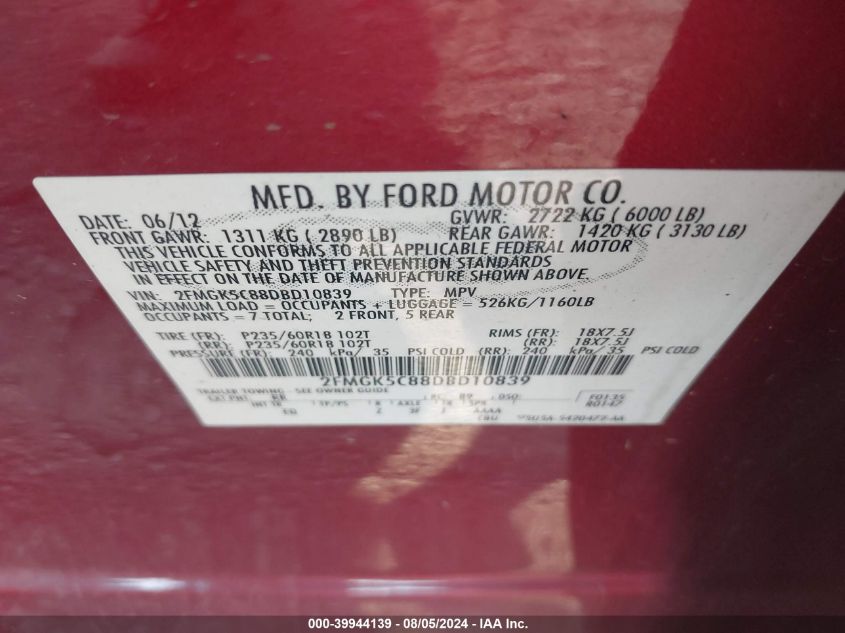 2013 Ford Flex Sel VIN: 2FMGK5C88DBD10839 Lot: 39944139