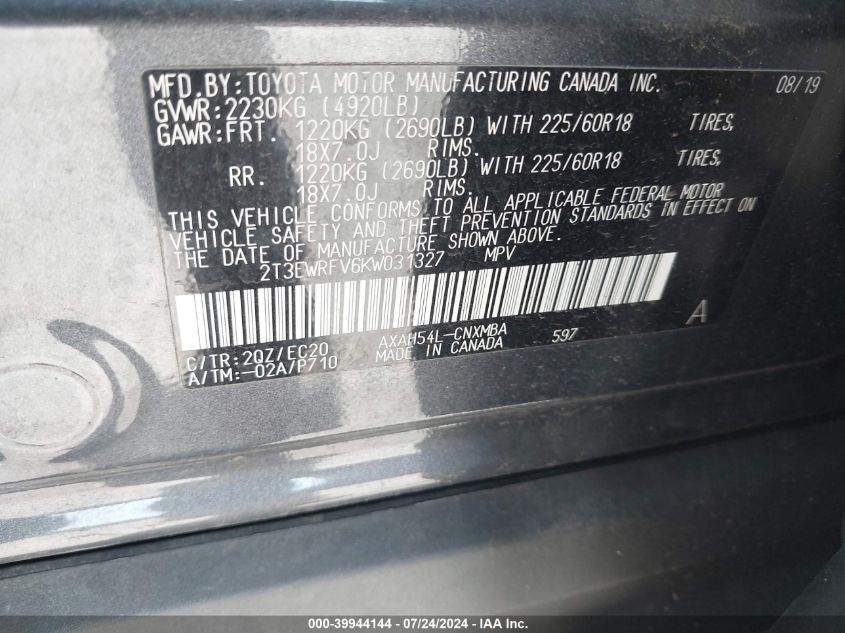 2019 Toyota Rav4 Hybrid Xse VIN: 2T3EWRFV6KW031327 Lot: 39944144