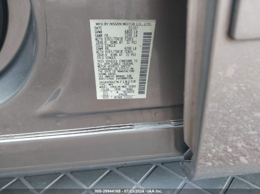 2007 Nissan Armada Le VIN: 5N1BA08A27N718158 Lot: 39944169