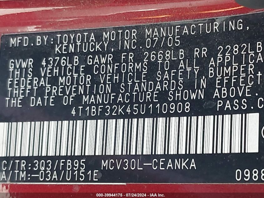 4T1BF32K45U110908 2005 Toyota Camry Le V6/Xle V6