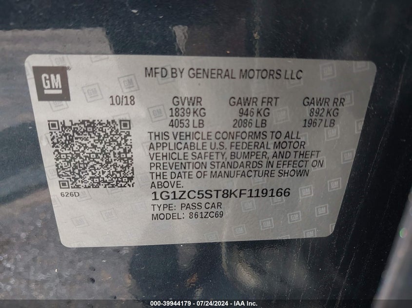 VIN 1G1ZC5ST8KF119166 2019 CHEVROLET MALIBU 1FL