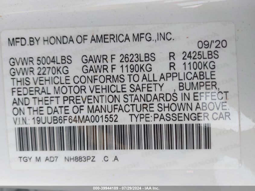 2021 Acura Tlx Advance Package VIN: 19UUB6F64MA001552 Lot: 39944189