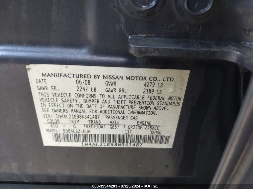2008 Nissan Altima 2.5 S VIN: 1N4AL21E98N541487 Lot: 39944203