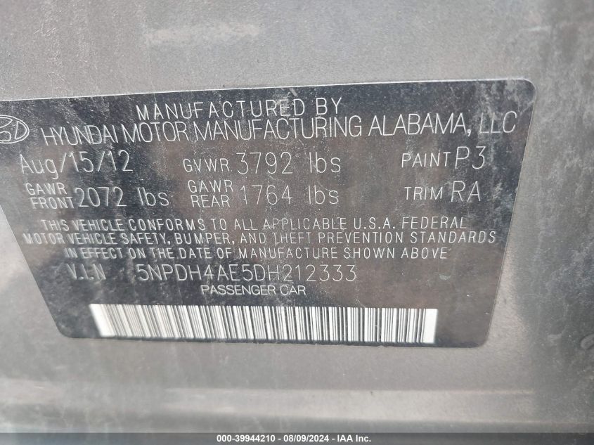 2013 Hyundai Elantra Gls/Limited VIN: 5NPDH4AE5DH212333 Lot: 39944210