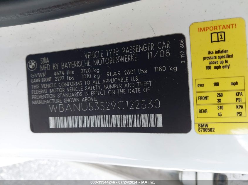 2009 BMW 528I I VIN: WBANU53529C122530 Lot: 39944246