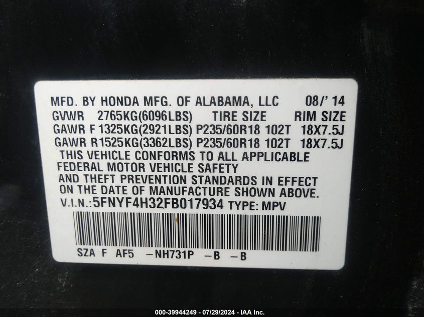 2015 HONDA PILOT SE - 5FNYF4H32FB017934