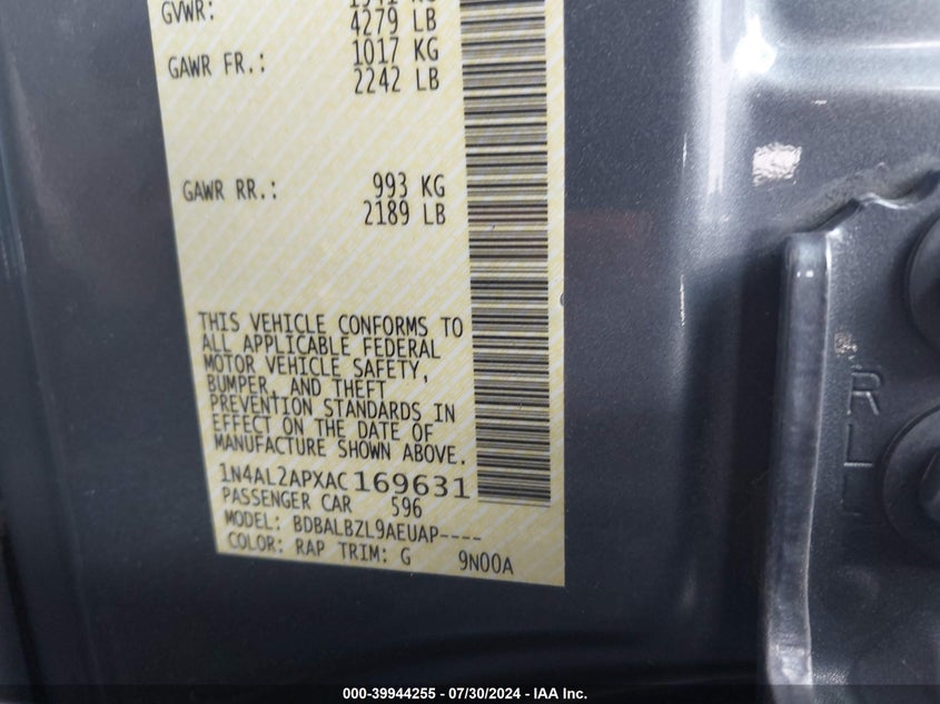 2010 Nissan Altima 2.5 S VIN: 1N4AL2APXAC169631 Lot: 39944255