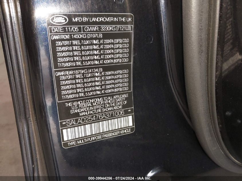 2006 Land Rover Lr3 V8 Se VIN: SALAD25476A371006 Lot: 39944256