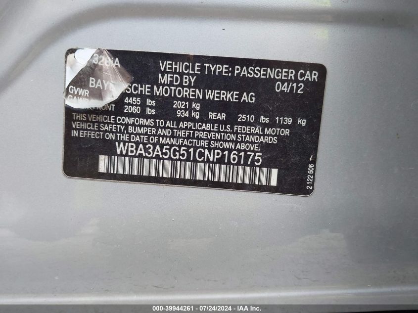 2012 BMW 328I VIN: WBA3A5G51CNP16175 Lot: 39944261