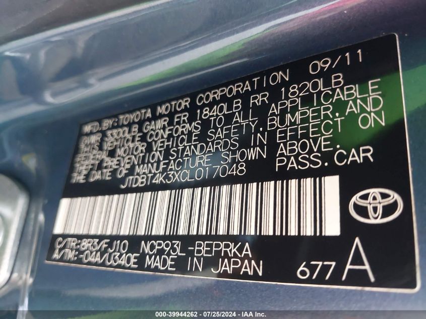 2012 Toyota Yaris VIN: JTDBT4K3XCL017048 Lot: 39944262