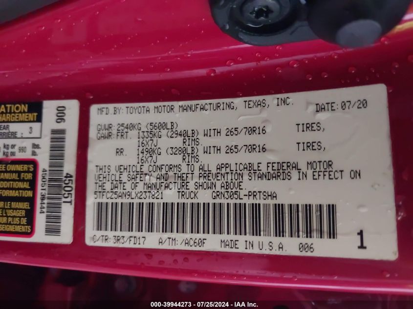 2020 Toyota Tacoma Trd Off-Road VIN: 5TFCZ5AN9LX237821 Lot: 39944273