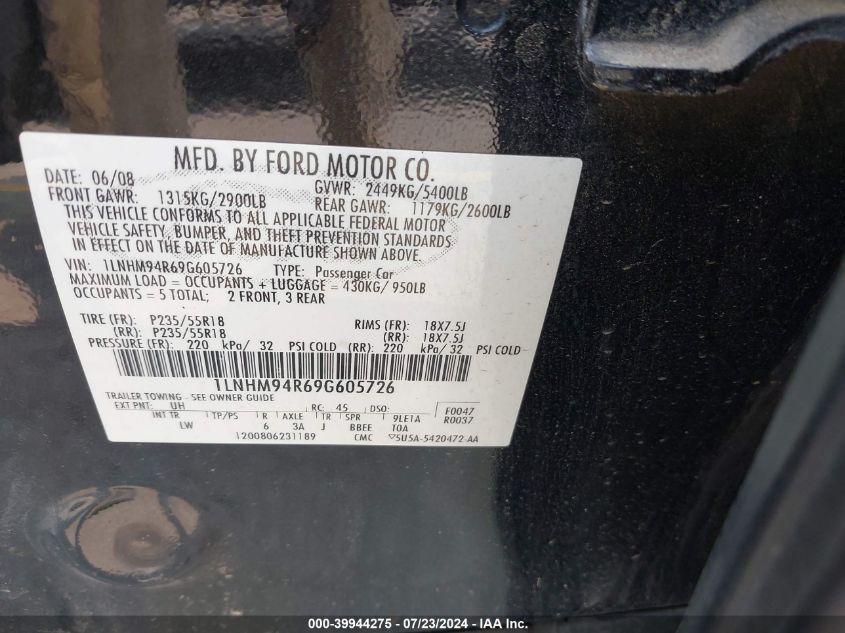 2009 Lincoln Mks VIN: 1LNHM94R69G605726 Lot: 39944275