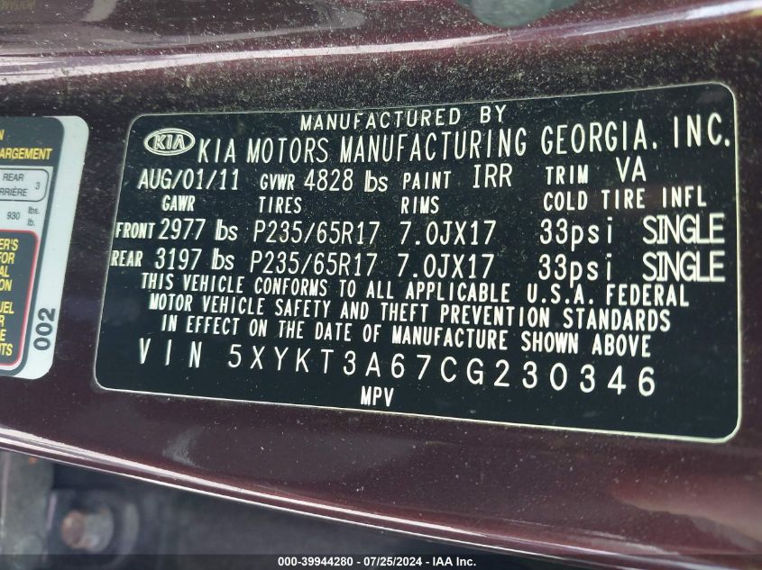 2012 Kia Sorento Lx VIN: 5XYKT3A67CG230346 Lot: 39944280