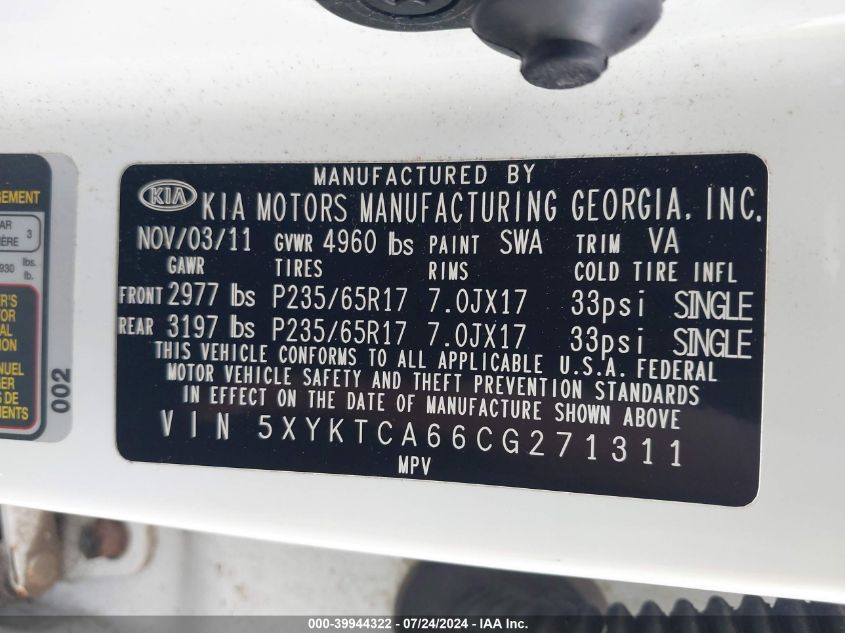 2012 Kia Sorento Lx VIN: 5XYKTCA66CG271311 Lot: 39944322