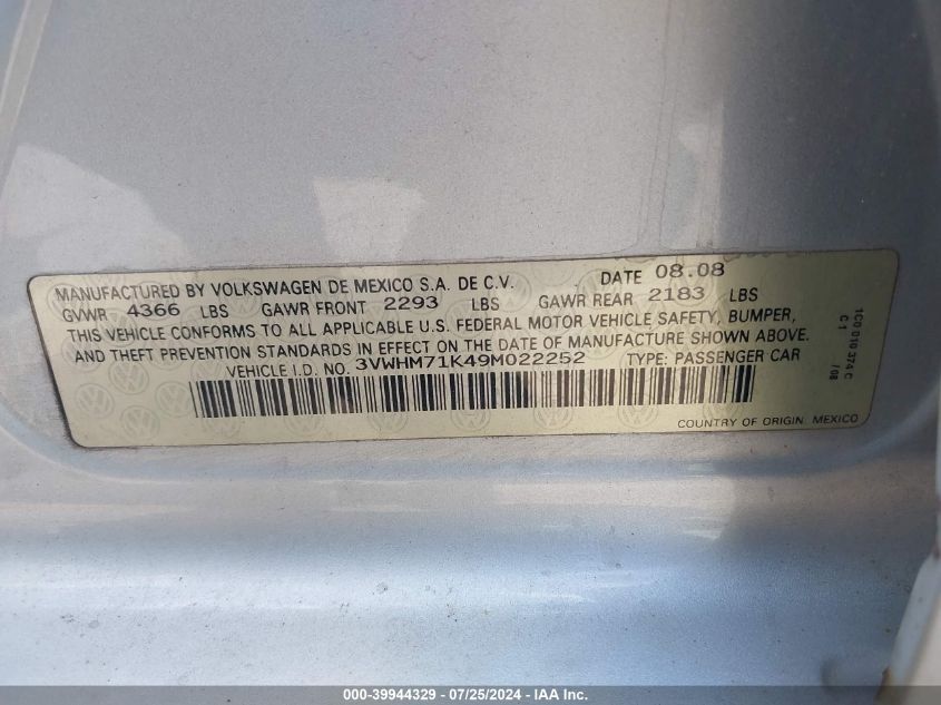 2009 Volkswagen Jetta S VIN: 3VWHM71K49M022252 Lot: 39944329