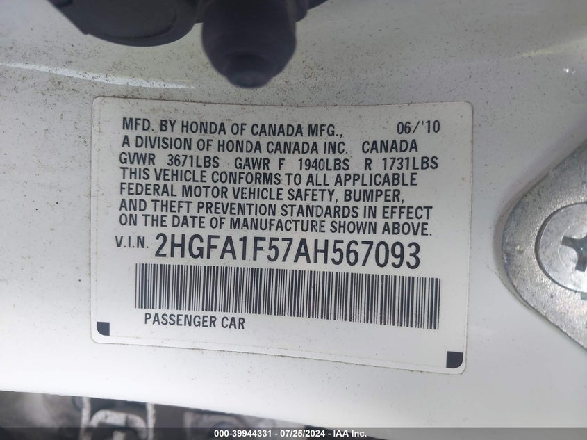 2010 Honda Civic Lx VIN: 2HGFA1F57AH567093 Lot: 39944331