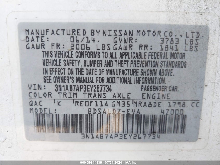 2014 Nissan Sentra Sv VIN: 3N1AB7AP3EY267734 Lot: 39944339