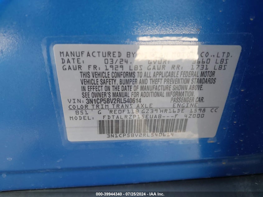 2024 Nissan Kicks S VIN: 3N1CP5BV2RL540614 Lot: 39944340