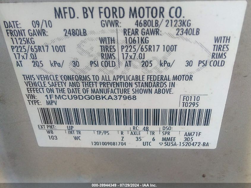 2011 Ford Escape Xlt VIN: 1FMCU9DG0BKA37968 Lot: 39944349