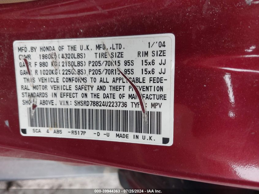 2004 Honda Cr-V Ex VIN: SHSRD78824U223736 Lot: 39944363