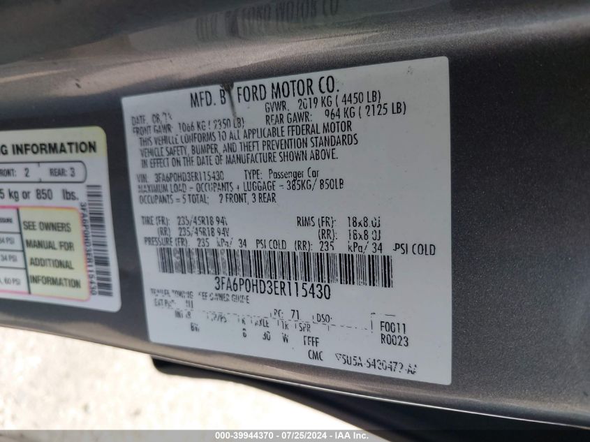 2014 Ford Fusion Se VIN: 3FA6P0HD3ER115430 Lot: 39944370