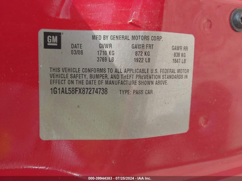 2008 Chevrolet Cobalt Lt VIN: 1G1AL58FX87274738 Lot: 39944383