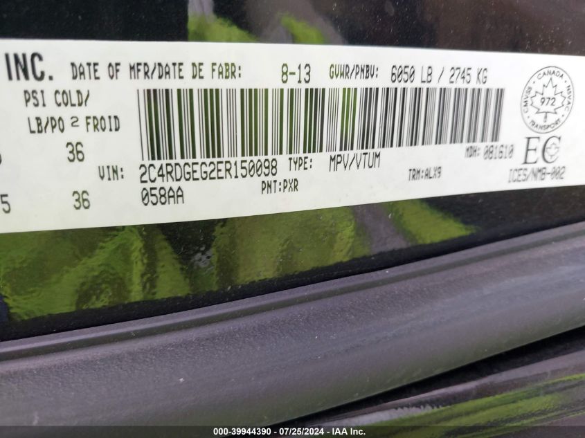 2014 Dodge Grand Caravan R/T VIN: 2C4RDGEG2ER150098 Lot: 39944390