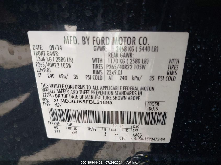 2015 Lincoln Mkx VIN: 2LMDJ6JK5FBL21895 Lot: 39944402