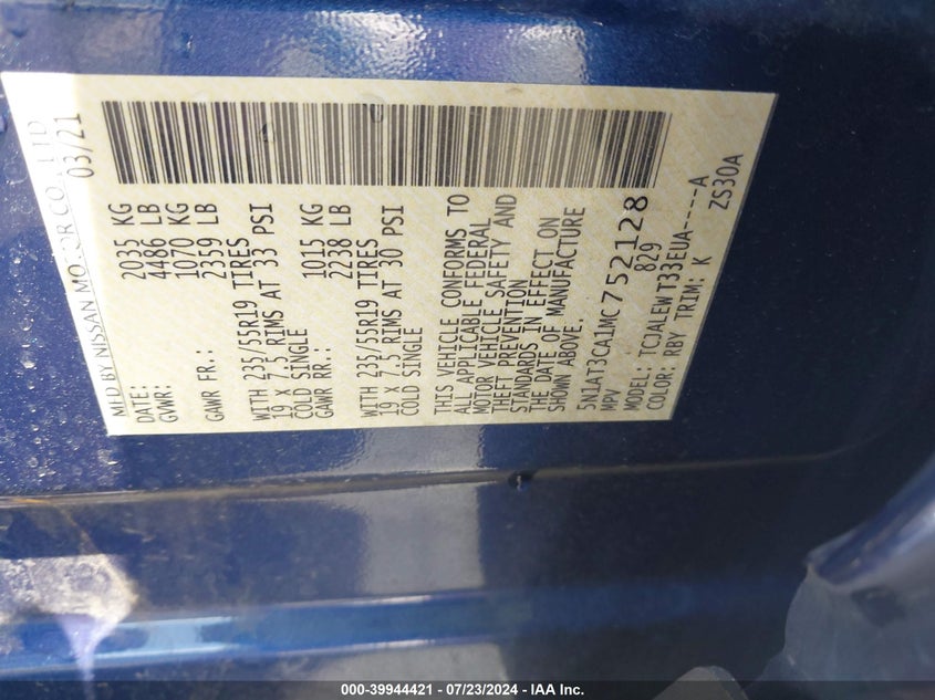 2021 Nissan Rogue Sl Fwd VIN: 5N1AT3CA1MC752128 Lot: 39944421