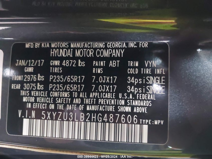 2017 Hyundai Santa Fe Sport 2.4L VIN: 5XYZU3LB2HG487606 Lot: 39944423