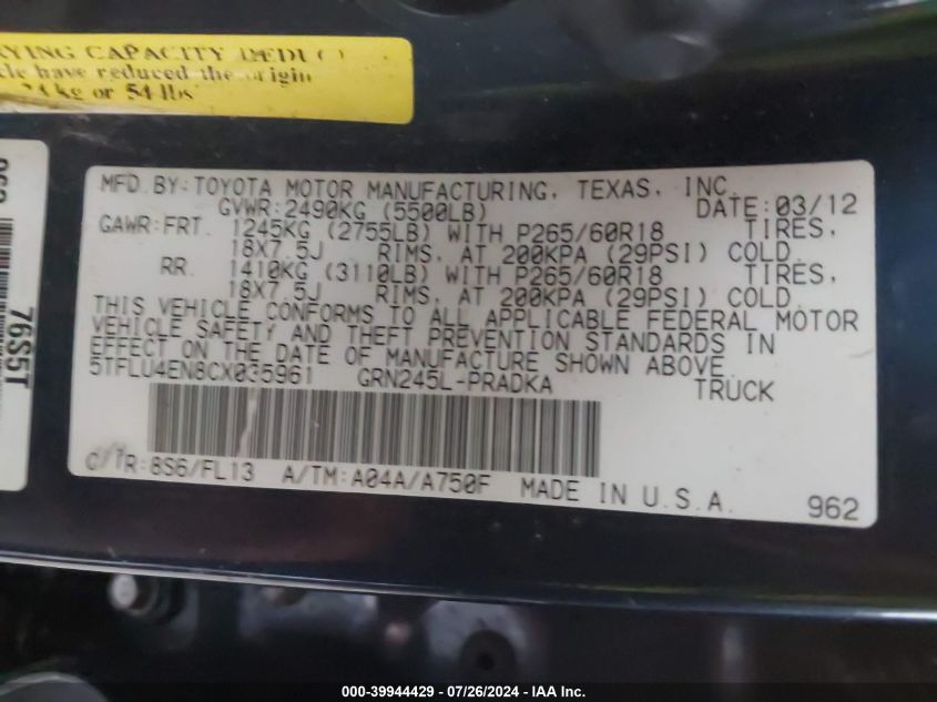 2012 Toyota Tacoma Base V6 VIN: 5TFLU4EN8CX035961 Lot: 39944429
