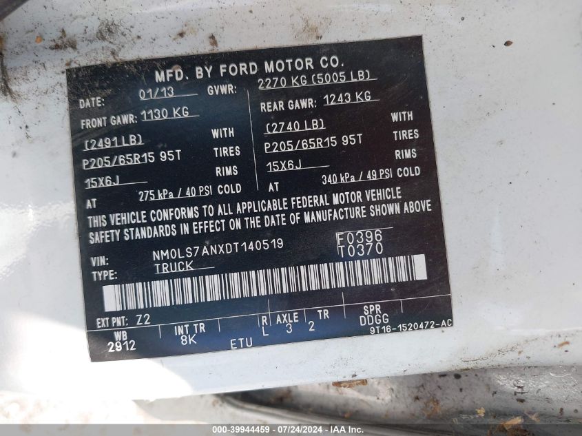 2013 Ford Transit Connect Xl VIN: NM0LS7ANXDT140519 Lot: 39944459