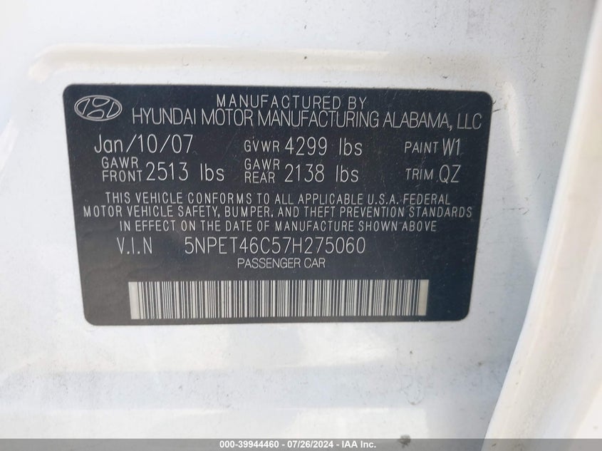 2007 Hyundai Sonata Gls VIN: 5NPET46C57H275060 Lot: 39944460