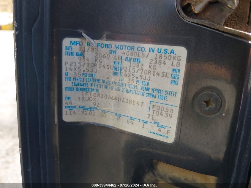 1989 Ford Ranger VIN: 1FTCR10A6KUA38197 Lot: 39944462