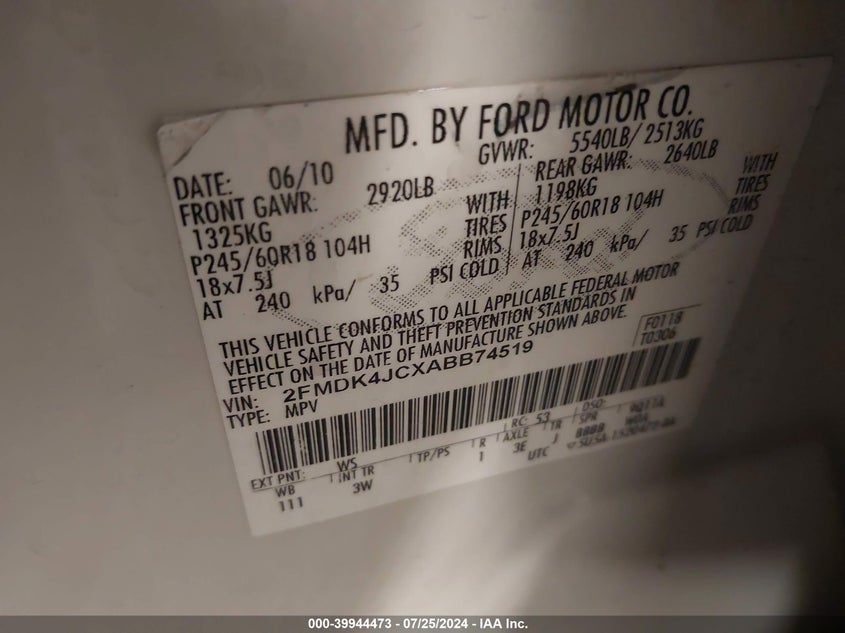 2010 Ford Edge Sel VIN: 2FMDK4JCXABB74519 Lot: 39944473