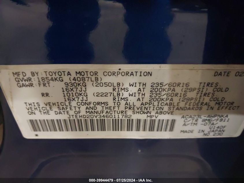 2004 Toyota Rav4 VIN: JTEHD20V346011782 Lot: 39944479