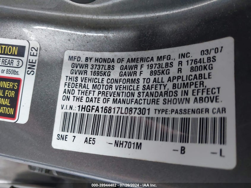 2007 Honda Civic Ex VIN: 1HGFA16817L087301 Lot: 39944482