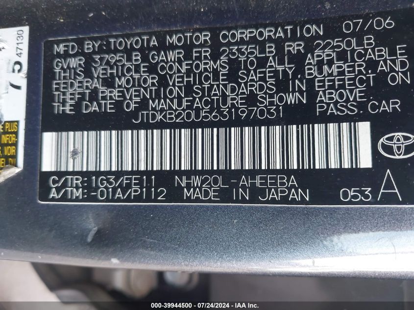 2006 Toyota Prius VIN: JTDKB20U563197031 Lot: 39944500