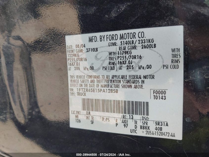 2005 Ford Ranger Edge/Fx4 Level Ii/Fx4 Off-Road/Xlt VIN: 1FTZR45E15PA12858 Lot: 39944508