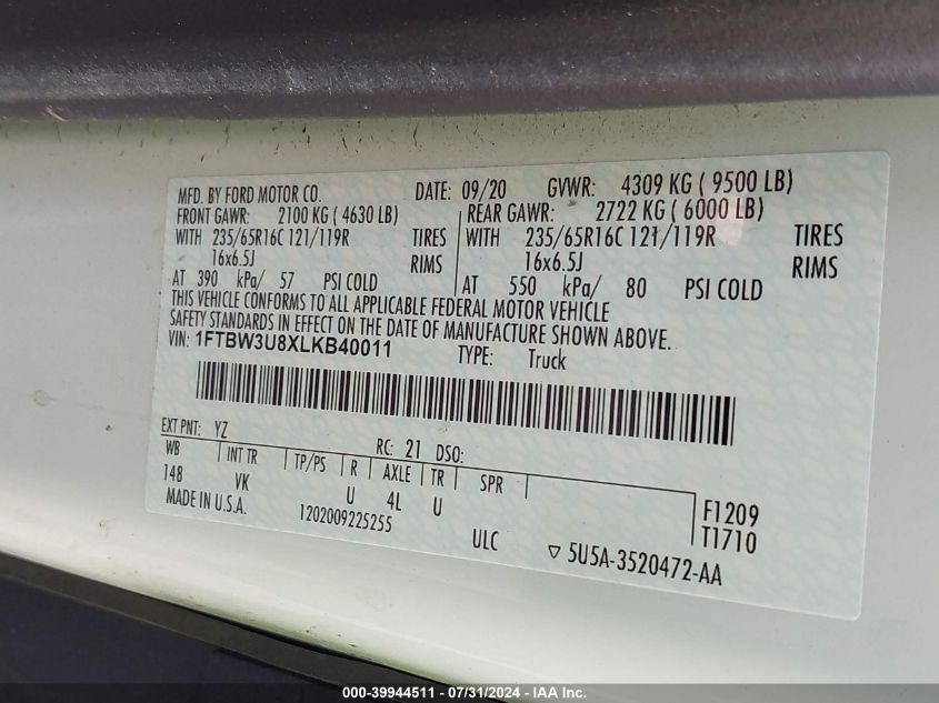 2020 Ford Transit T-350 VIN: 1FTBW3U8XLKB40011 Lot: 39944511