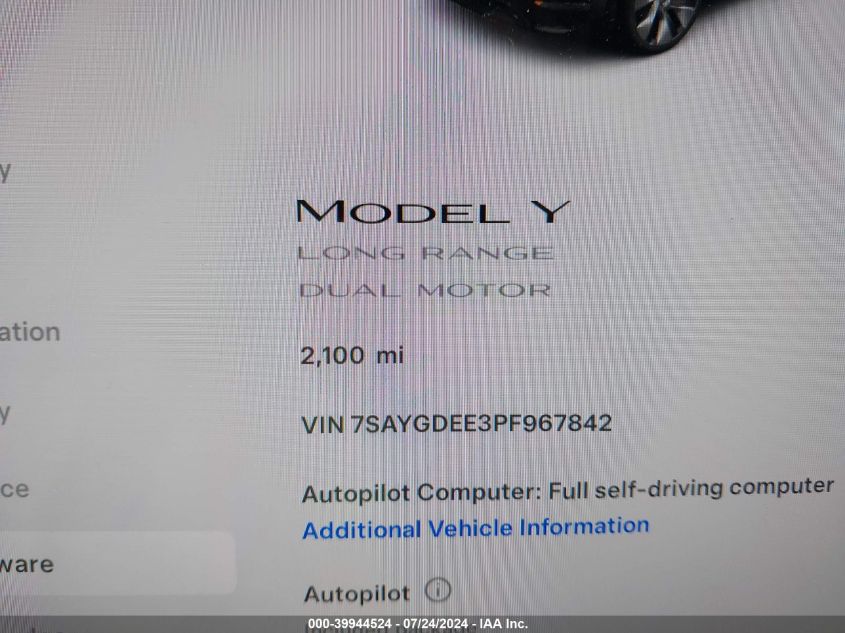 2023 Tesla Model Y Awd/Long Range Dual Motor All-Wheel Drive VIN: 7SAYGDEE3PF967842 Lot: 39944524