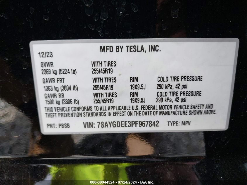 2023 Tesla Model Y Awd/Long Range Dual Motor All-Wheel Drive VIN: 7SAYGDEE3PF967842 Lot: 39944524