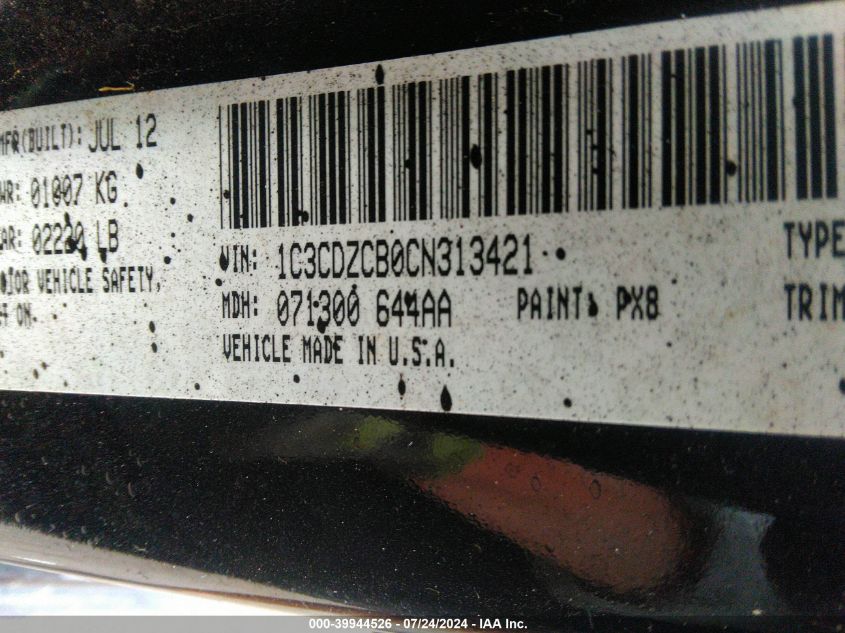 2012 Dodge Avenger Sxt VIN: 1C3CDZCB0CN313421 Lot: 39944526