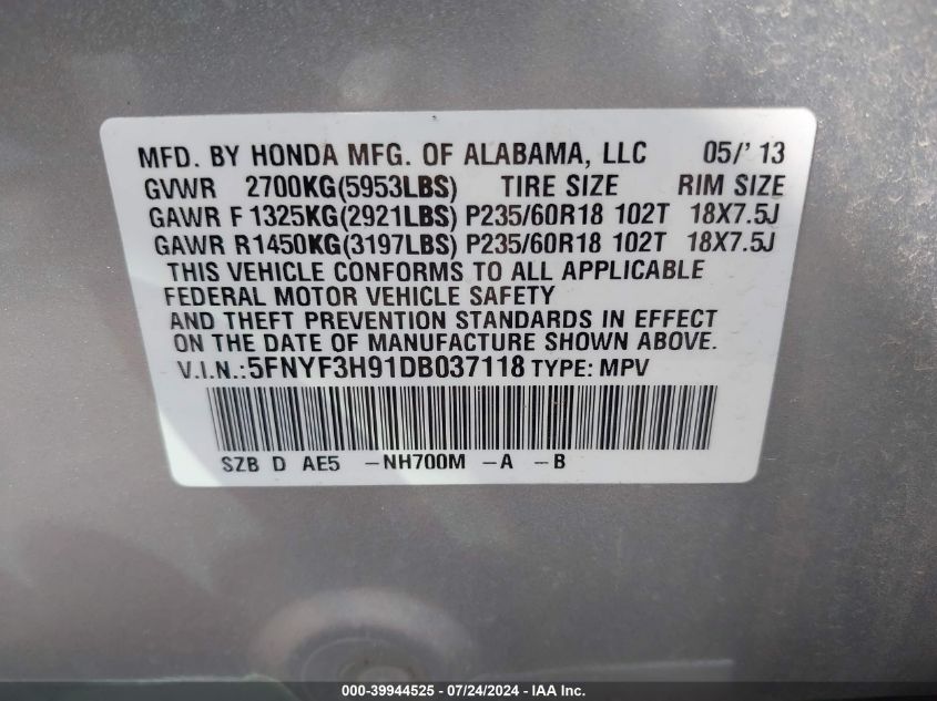 2013 Honda Pilot Touring VIN: 5FNYF3H91DB037118 Lot: 39944525