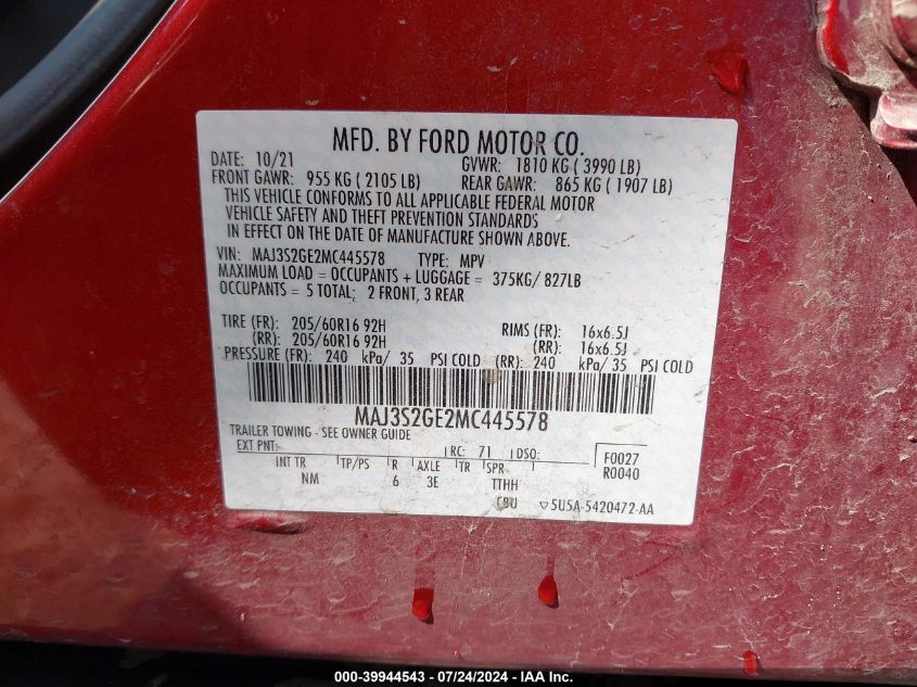 2021 Ford Ecosport Se VIN: MAJ3S2GE2MC445578 Lot: 39944543