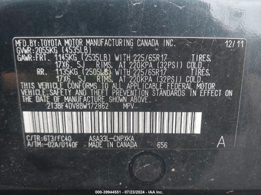 2011 Toyota Rav4 VIN: 2T3BF4DV8BW172862 Lot: 39944551