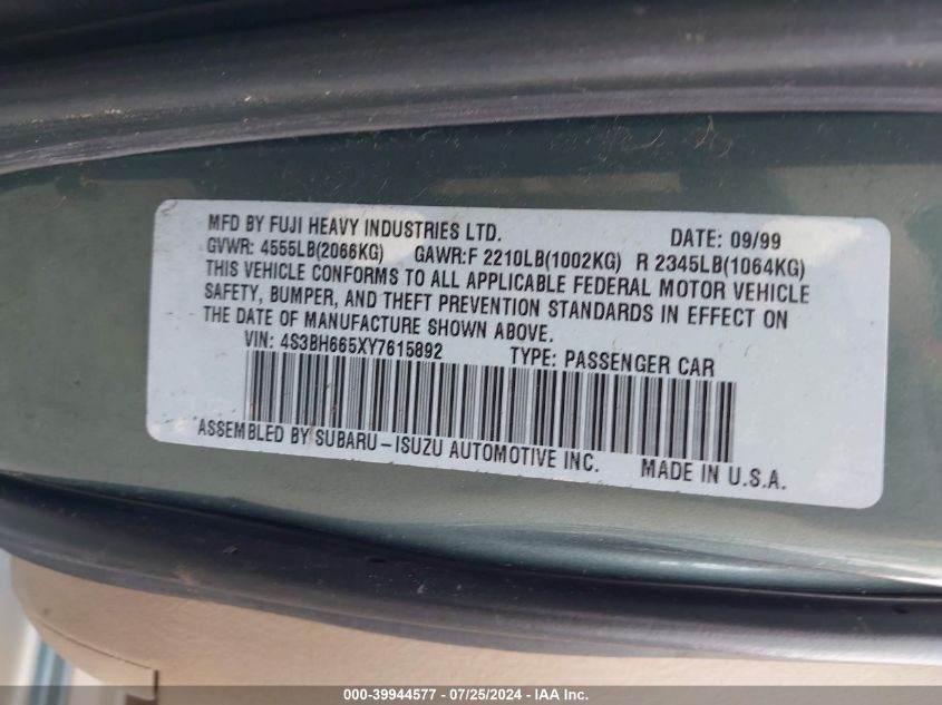 2000 Subaru Outback VIN: 4S3BH665XY7615892 Lot: 39944577