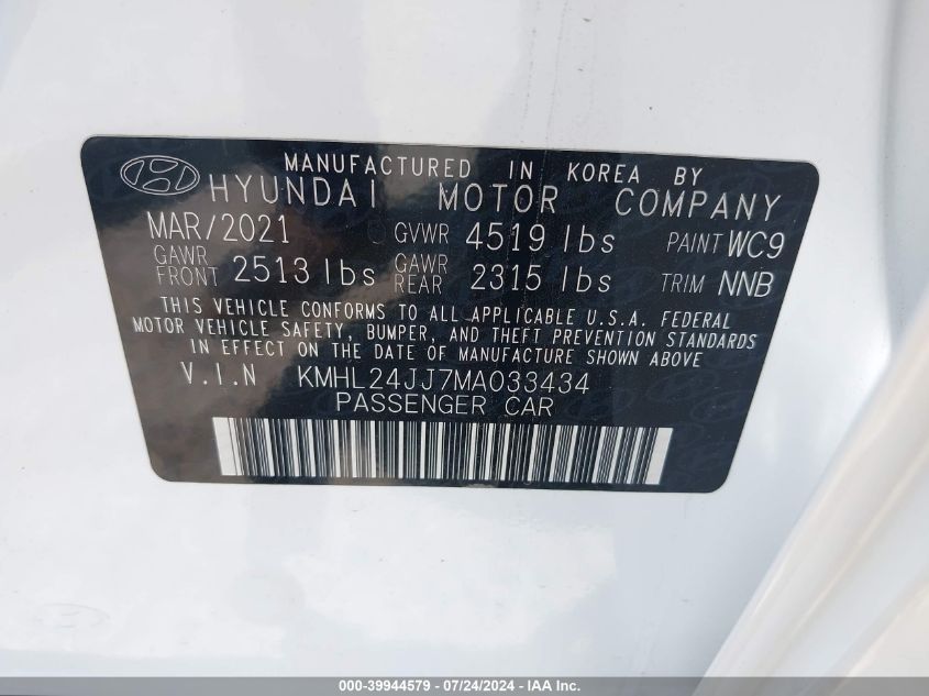 2021 Hyundai Sonata Hybrid/Blue VIN: KMHL24JJ7MA033434 Lot: 39944579